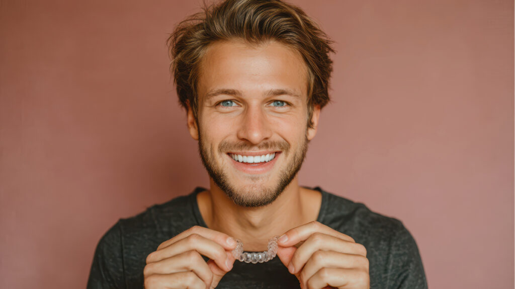 Smiling bearded man holding a clear aligner in both hands
